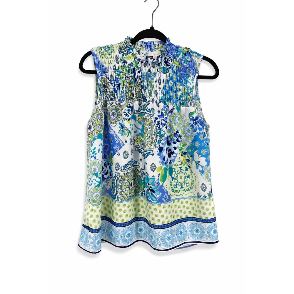 Chenault Sleeveless Smocked Neck Print Top in Blue, Green & White